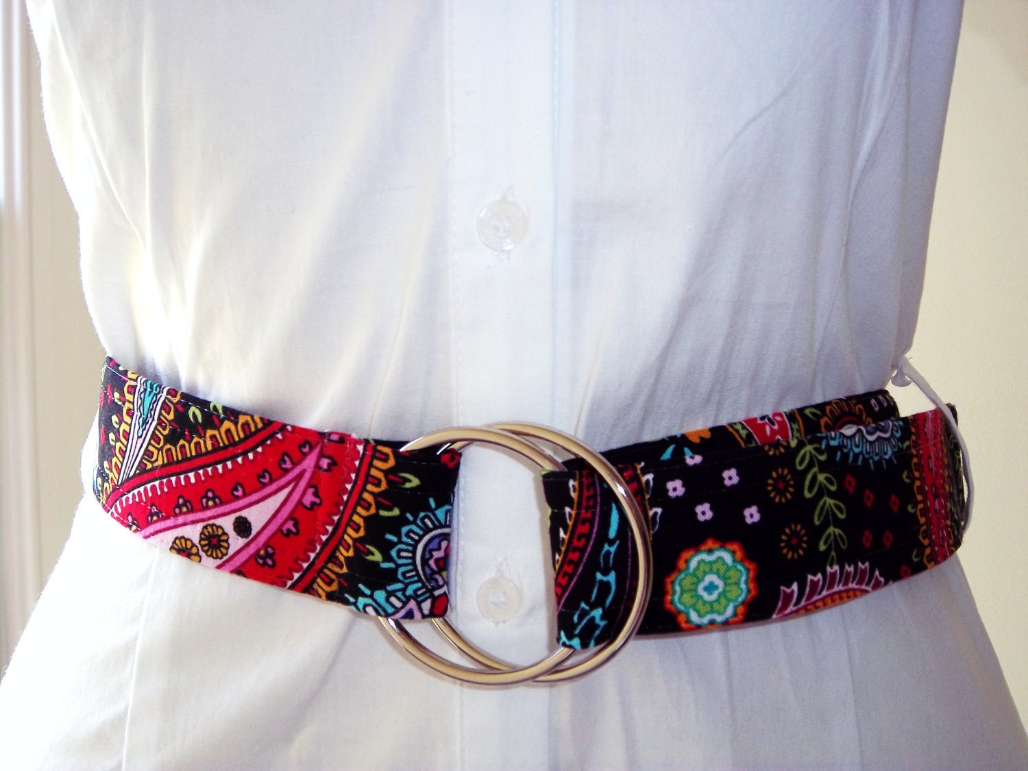 Women's Black Paisley Print Fabric Belt
