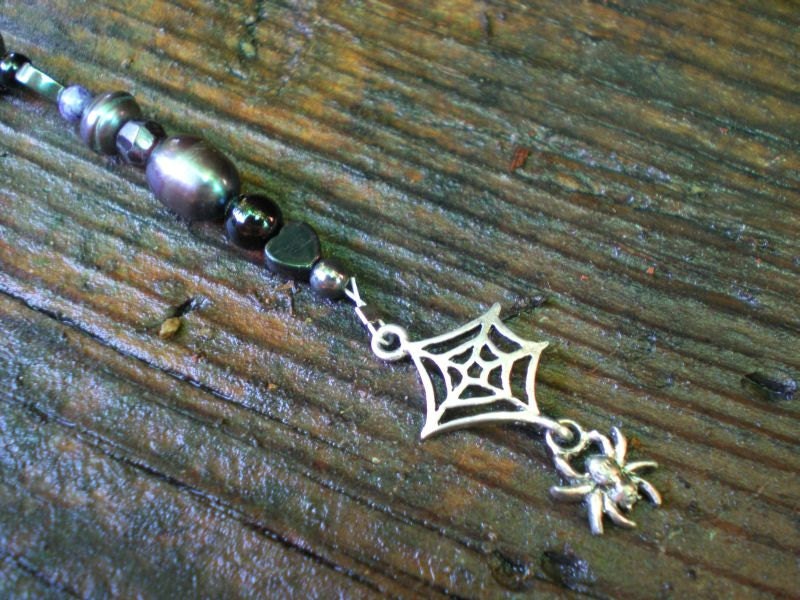 Spider and Web with Purple and Black Beaded Hair Accessory (Part Two of Two Step Process Hair Sticks)