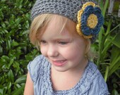 Crochet Girls beanie hat with big crochet flower. Made to order.