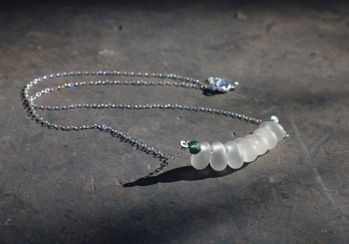 Moss agate, glass & sterling silver princess necklace: First Frost
