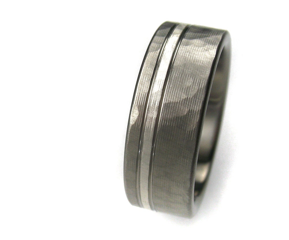 Men's Wedding Band Titanium & Silver Hammered