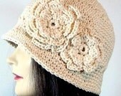 Cloche Hat with 2 Crocheted Flowers in Cream