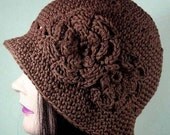Cloche Hat with 2 Crocheted Flowers in Chocolate Brown