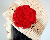 Cloche Hat in Cream with Red Flower and Beige Stripe