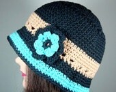 Black Cloche Hat with Beige, Robin's Egg Blue Stripes, Flower