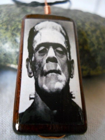 Frankenstein's Monster Wire Wrapped Bamboo Tile Necklace
