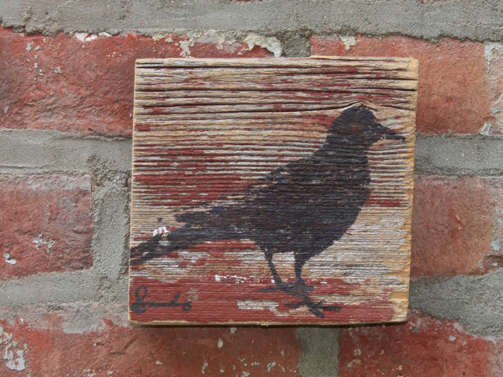 Navy bird  on Red reclaimed barn wood screen printed wall hanging