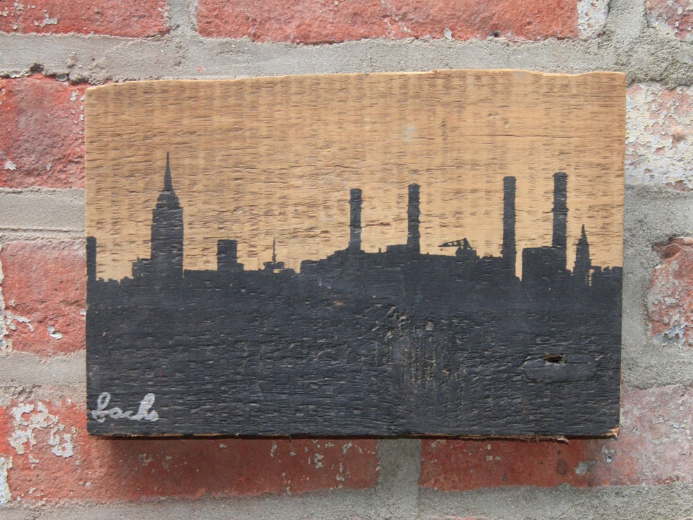 Black Skyline Reclaimed barn wood screen printed wall hanging