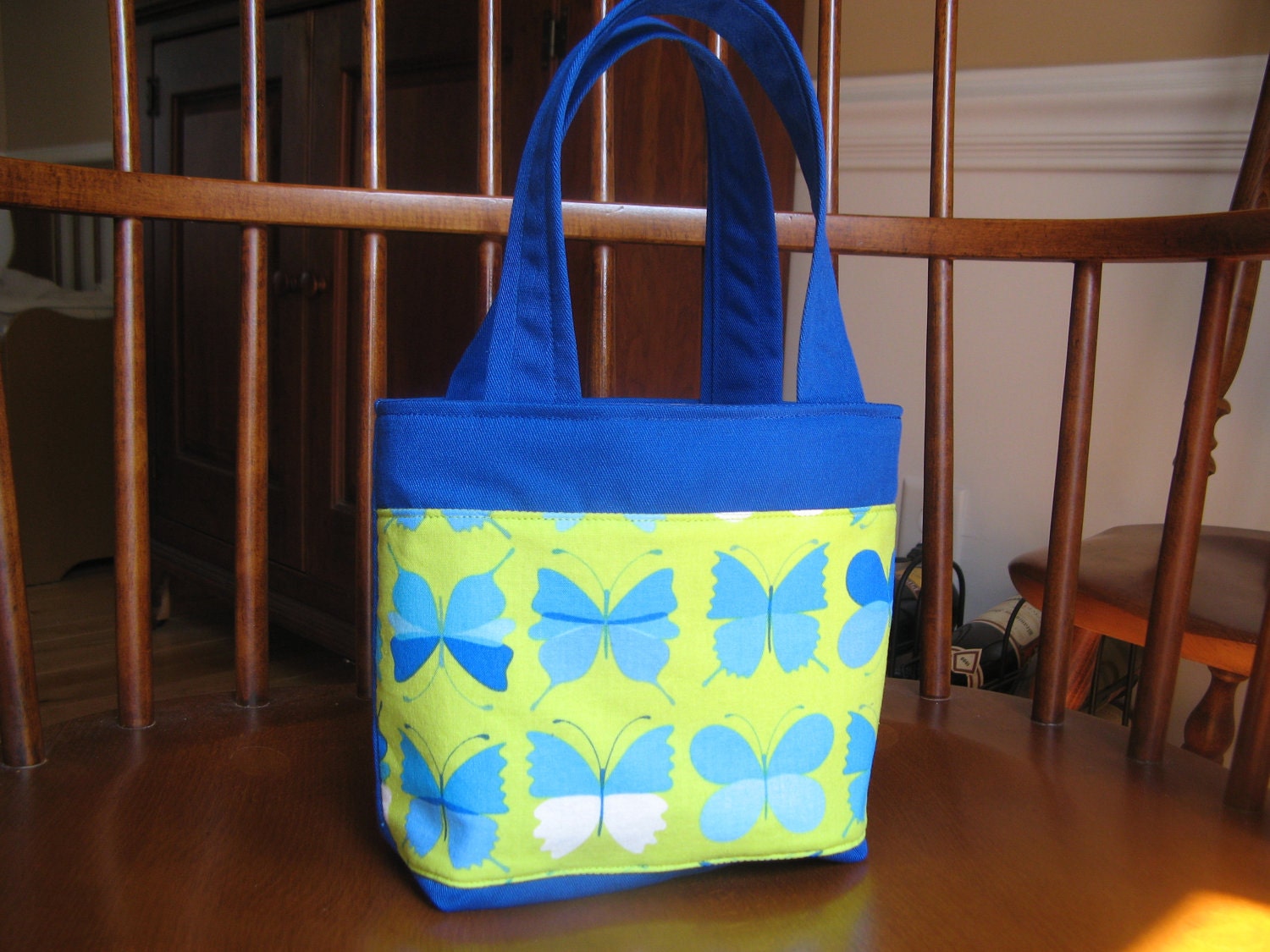 Purse Small Tote Butterflies Girl Teen Bag Blue Lime Green White
