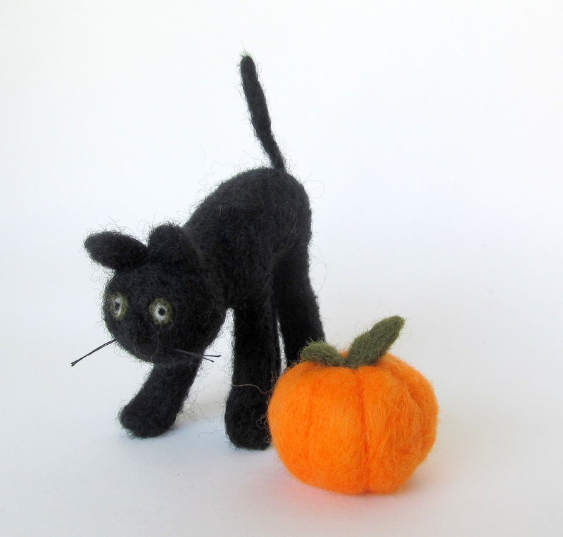 Black Cat and Pumpkin Halloween Decoration Needle Felted Wool