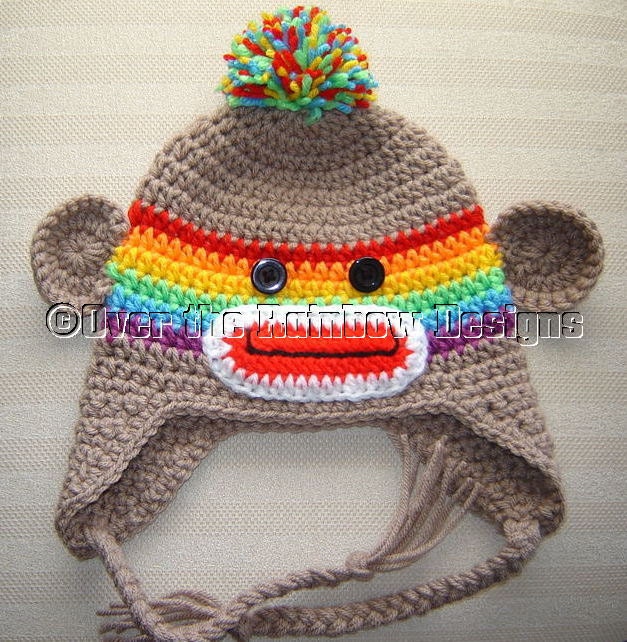 Sock MONKEY Rainbow Ear Flap Hat Hand Made Toddler Size