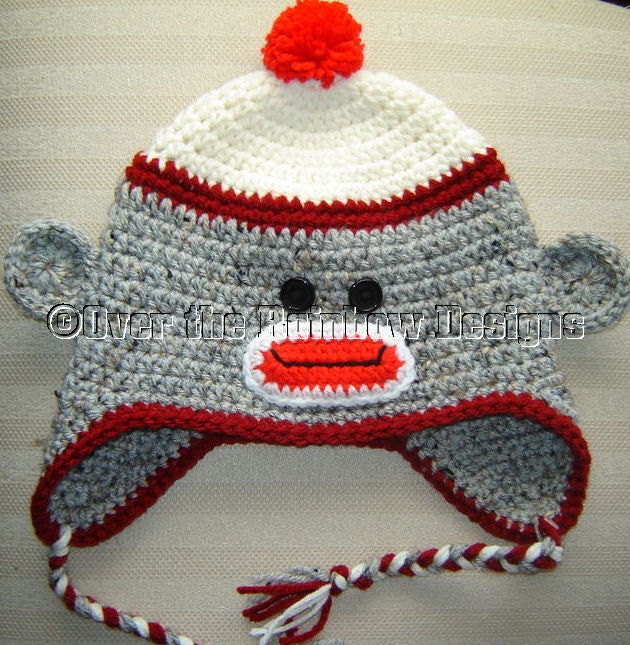 Sock MONKEY Grey Ear Flap Hat Hand Made Baby Size