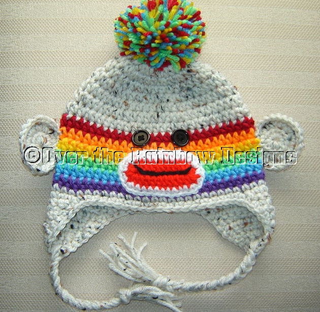 Sock MONKEY Rainbow Ear Flap Hat Hand Made Baby Size