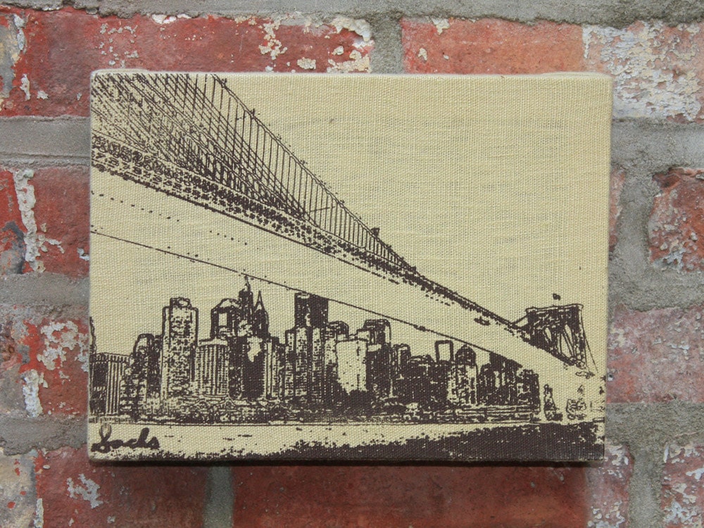 Brooklyn Bridge Skyline Stretched Linen Wall Hanging - Brown/Wheat