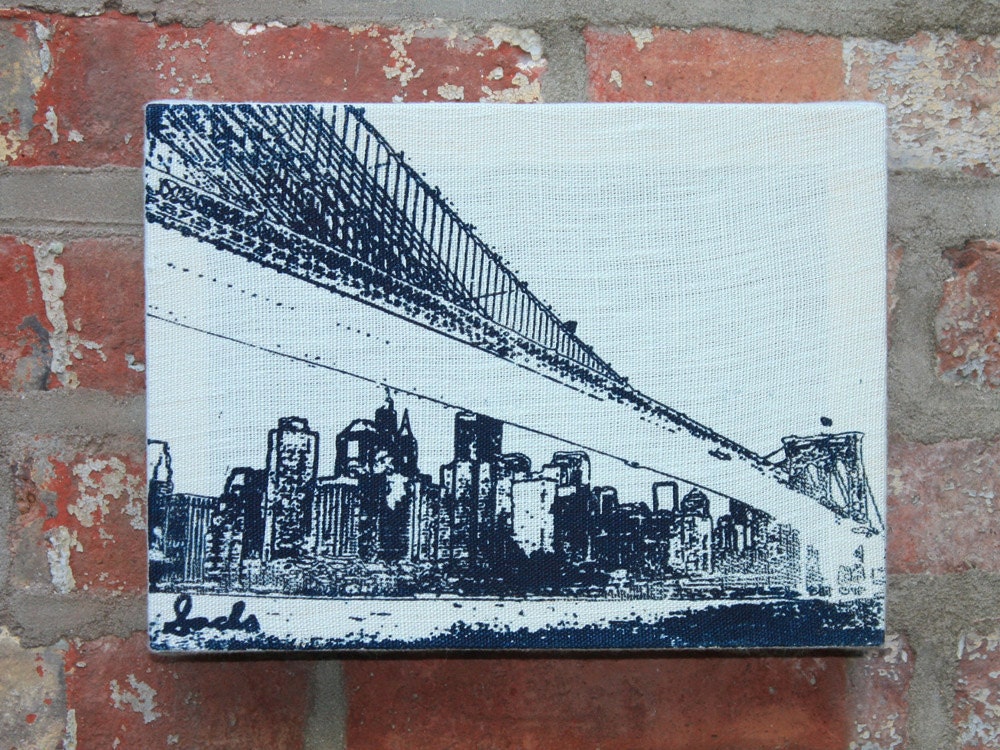 Brooklyn Bridge Skyline Stretched Linen Wall Hanging - Navy/Light Blue