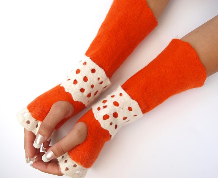 Fingerless gloves, orange , elegant, hand felted, sensitive