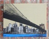 Wheat Stretched Linen Brooklyn Bridge Wall Hanging - Slate Blue/Silver/Copper
