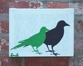 Light Blue Small Stretched Linen Birds Wall Hanging - Lime/Navy