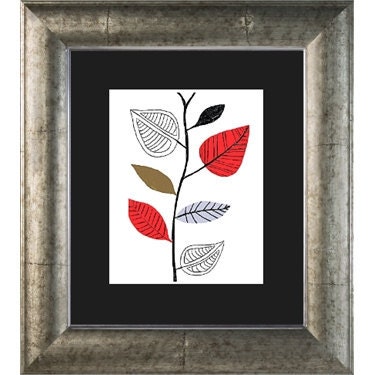 Take 20% OFF Details in Listing Retro Mod Art Print Modern Black White Red Vines Leaves Woodland Urban Modern Art