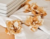 Golden Autumn Flower Napkin Rings Handmade Set of 4 with Hand Painted Brown and Rustic Cream Wooden Beads