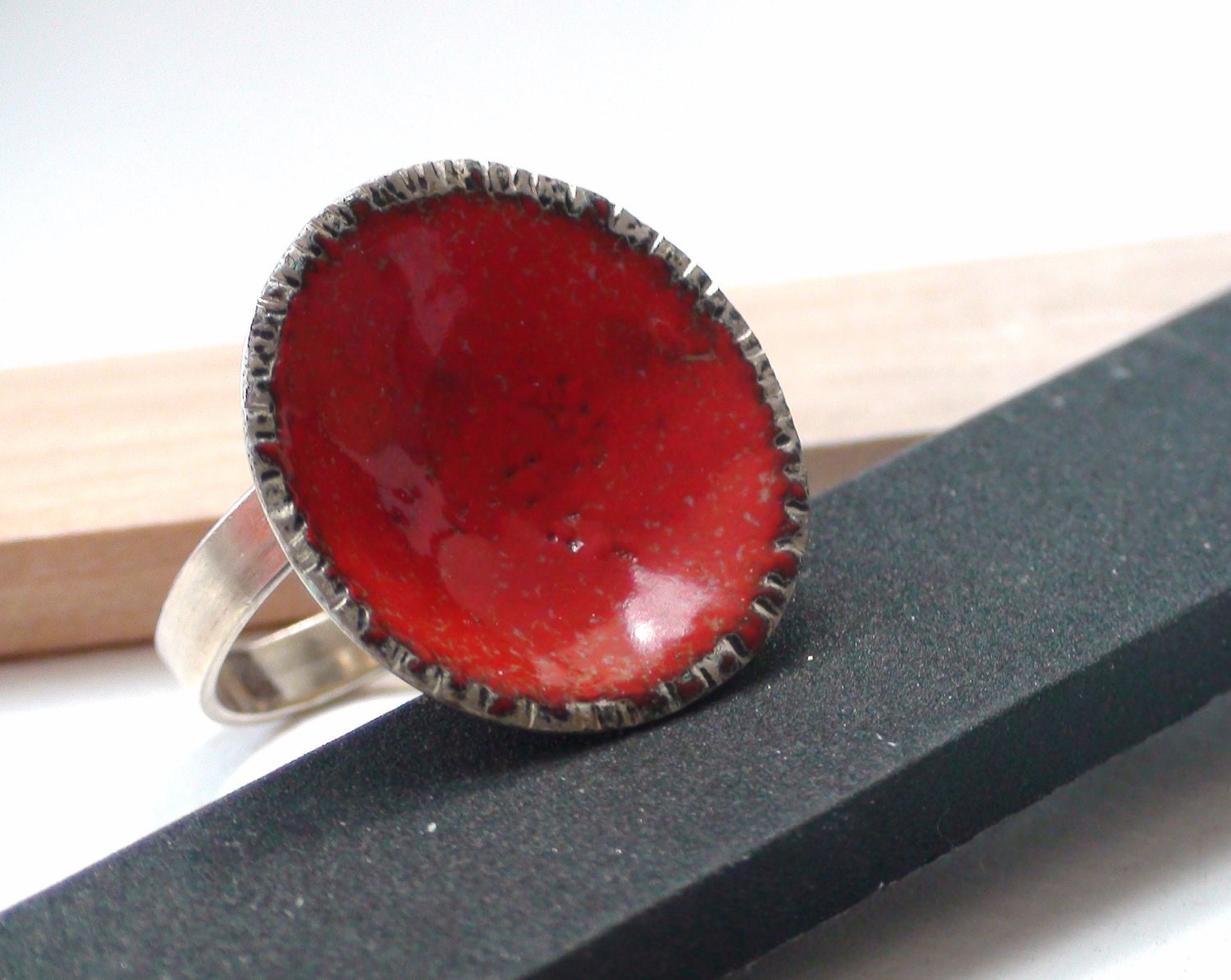 Sterling silver adjustable red glass enamel dome ring