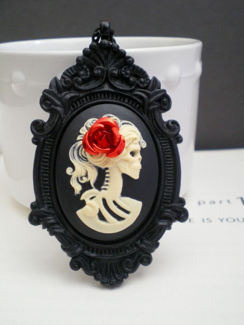 Gothic Wedding. Skeleton Cameo Necklace. Halloween. Black. Ivory. Skull Jewelry. Madame Mayhem Collection.