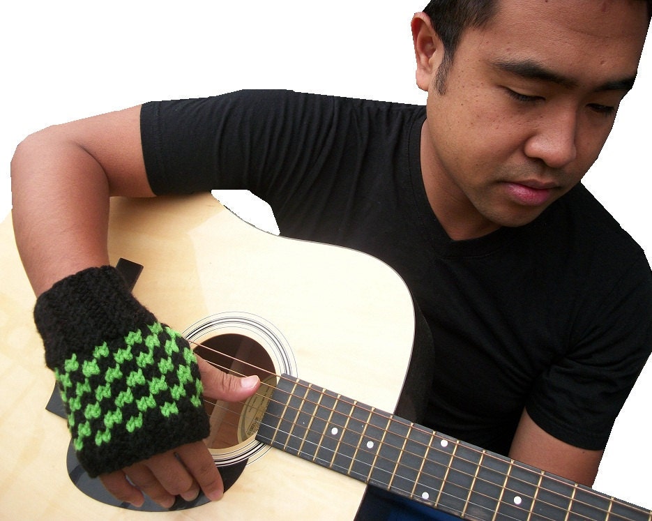 Men's Fingerless Gloves - Gamer - Black and Green Checkered Xbox Colors - made to order