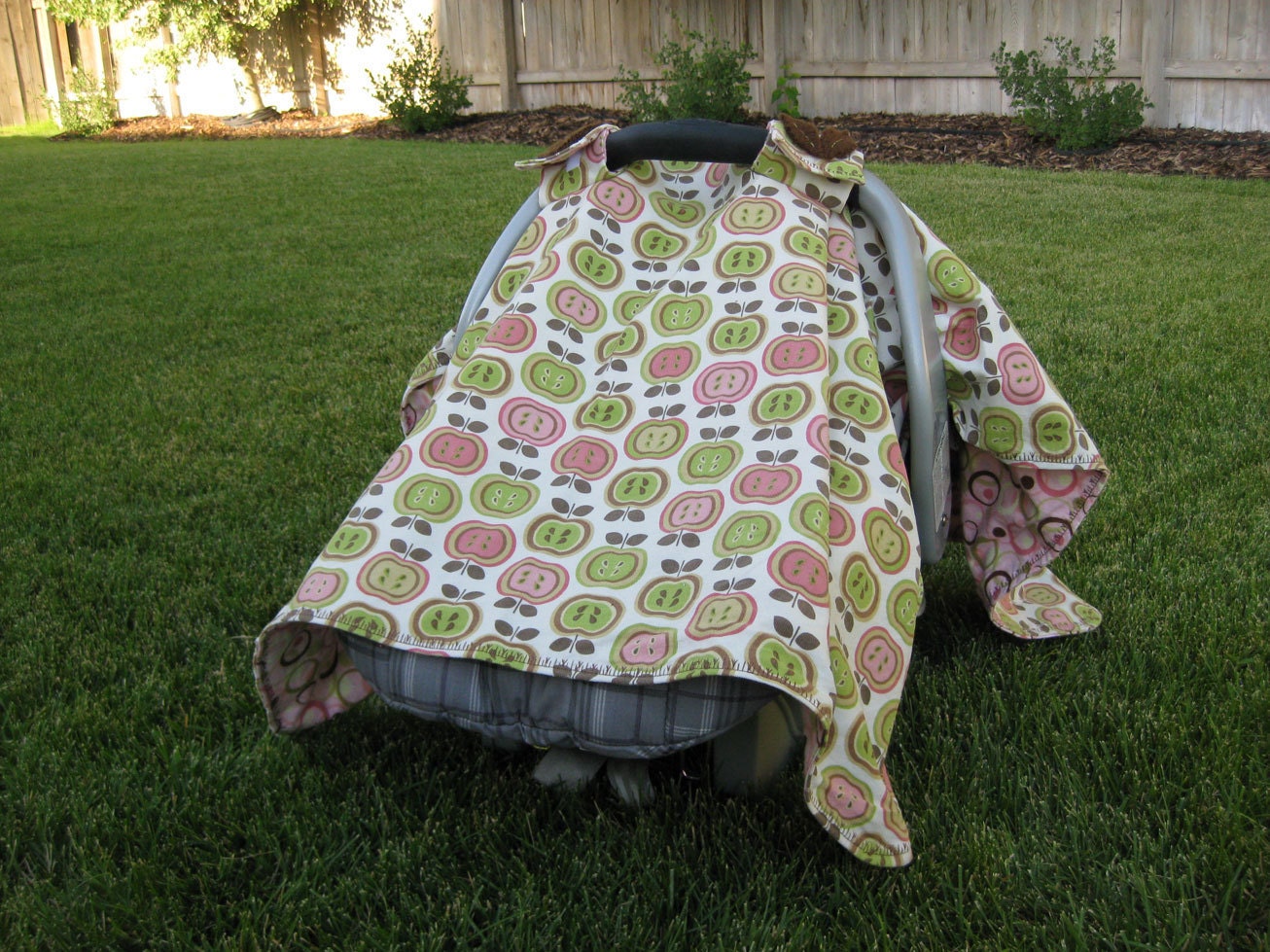 Green & Pink Apple Corduroy Car Seat Cover with Detailed Stitching