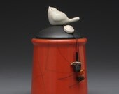 Ceramic jar with Bird, pottery jar ,Little Clay Bird on a red orange Jar, raku fired art pottery