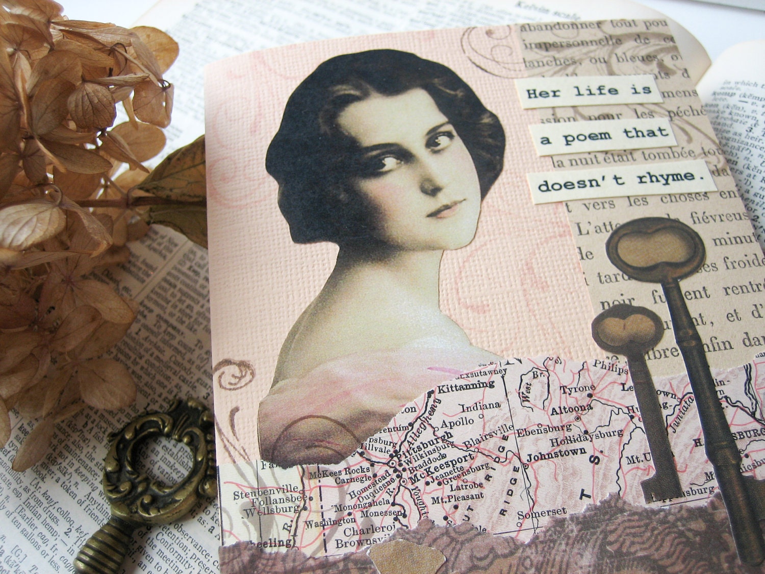 Handmade Thinking of You Card - OOAK collage in peach and brown -  Her life is a poem that doesn't rhyme - caring, friendship, get well