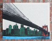 Stretched Linen Brooklyn Bridge Wall Hanging - Turquoise/Olive/Coral/Peach