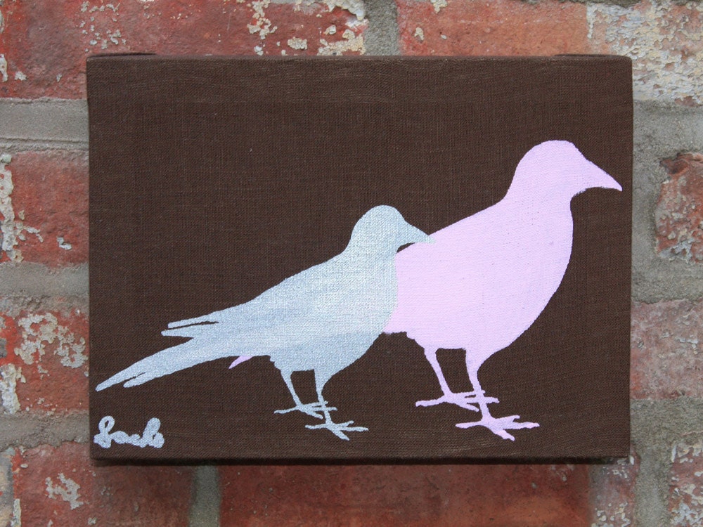 Brown Small Stretched Linen Birds Wall Hanging - Pink/Silver