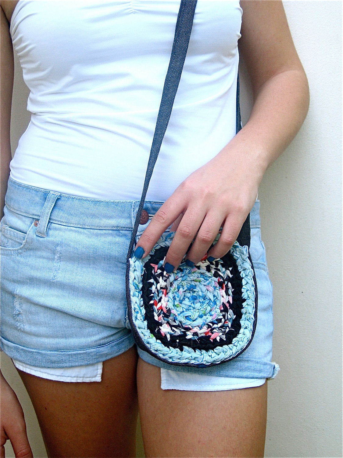 Handbag purse fabric crochet light blue recycled eco friendly cotton textile small denim black white red cute handmade for a woman or a girl - TUKON
