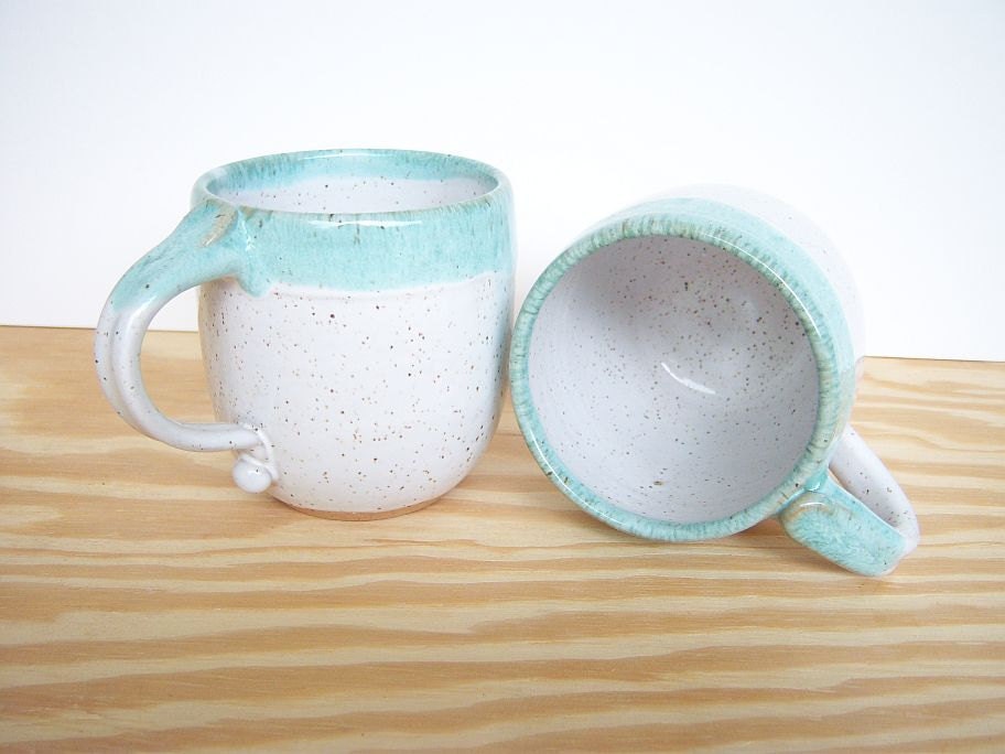 Glossy White and Mint Green Stoneware Cups - Set of 2