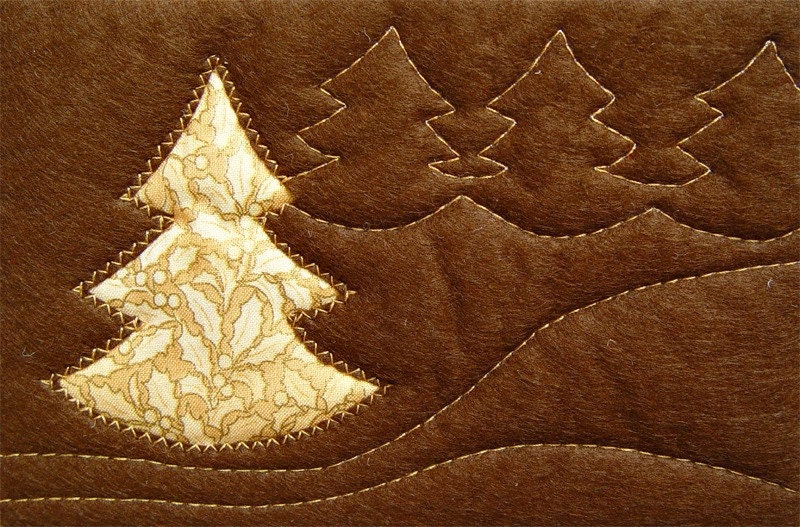 Fiber art quilted card - Christmas in gold and brown