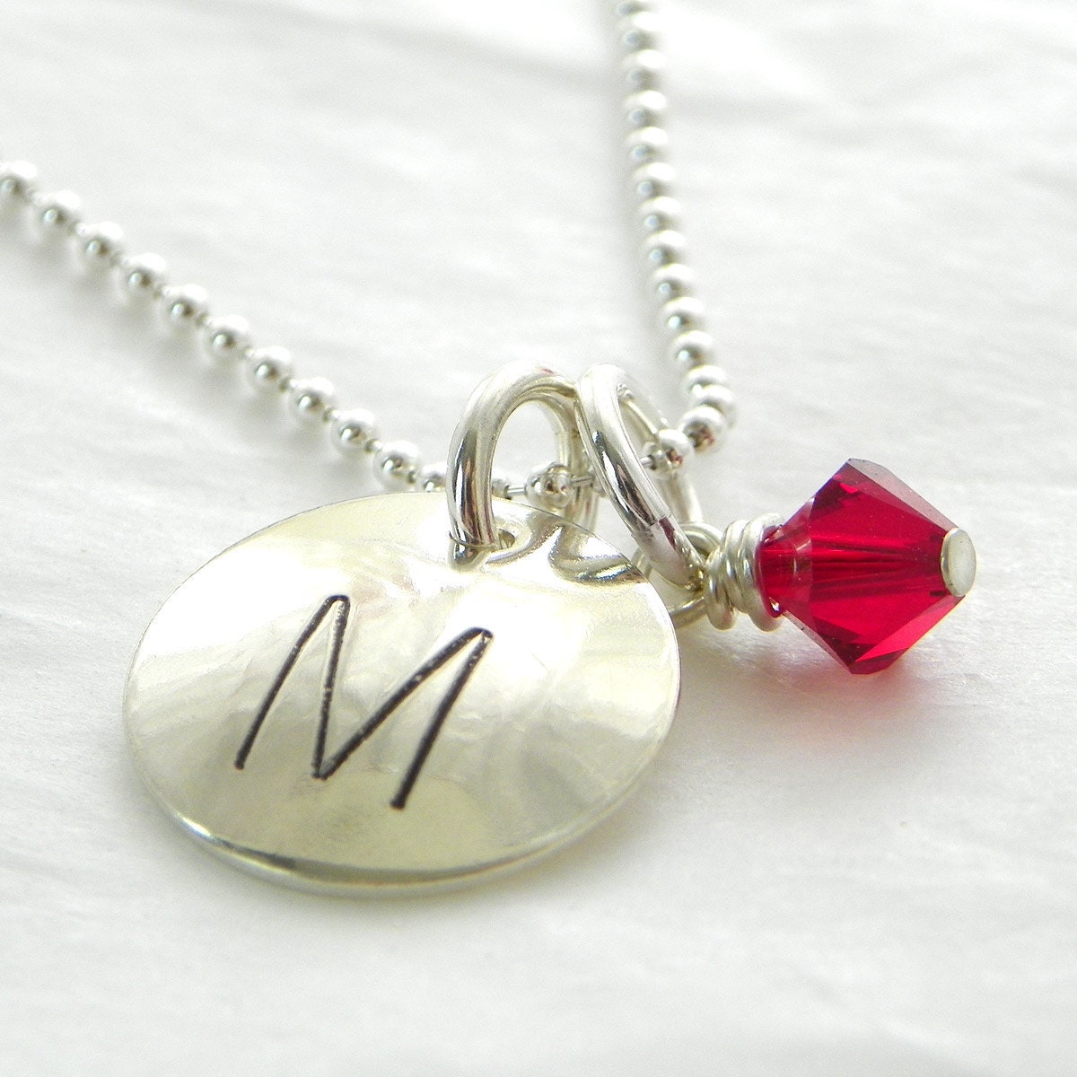 Initial necklace - hand stamped sterling silver necklace with crystal
