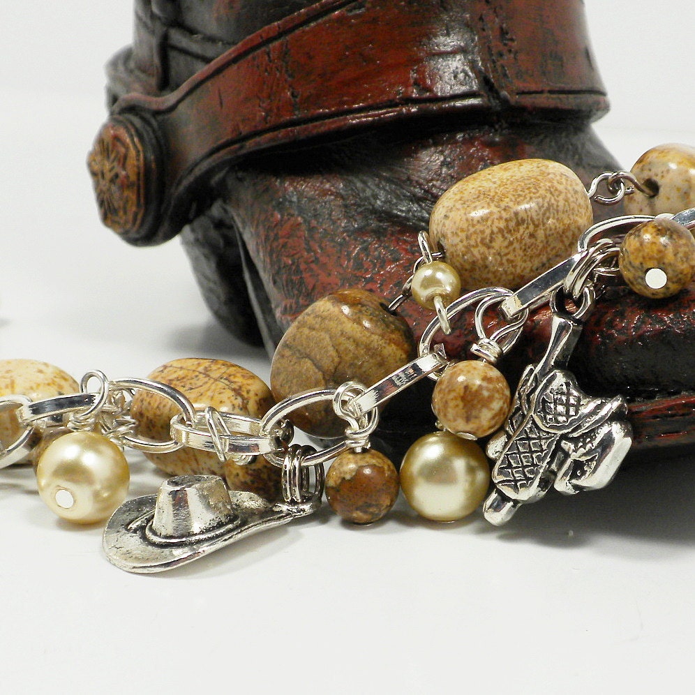 Cowgirl Western Bracelet with Brown and Tan Picture Jasper, Faux Pearls and Charms