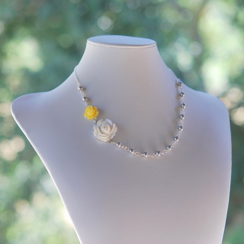 Dainty White and Yellow Roses and Gray Swarovski Pearl Necklace