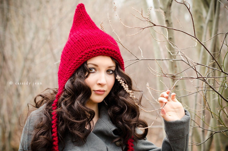 Sale 15% Off - Hand Knit Hat - Pixie Hat in Red Cranberry - Winter Accessories Winter Fashion Chunky Knit Winter Hat Spring Fashion