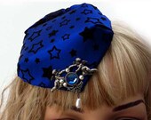 Celestial Angel Royal Blue Velvet Flocked Fascinator Hat with Pearls and Faux Sapphire and Pearls