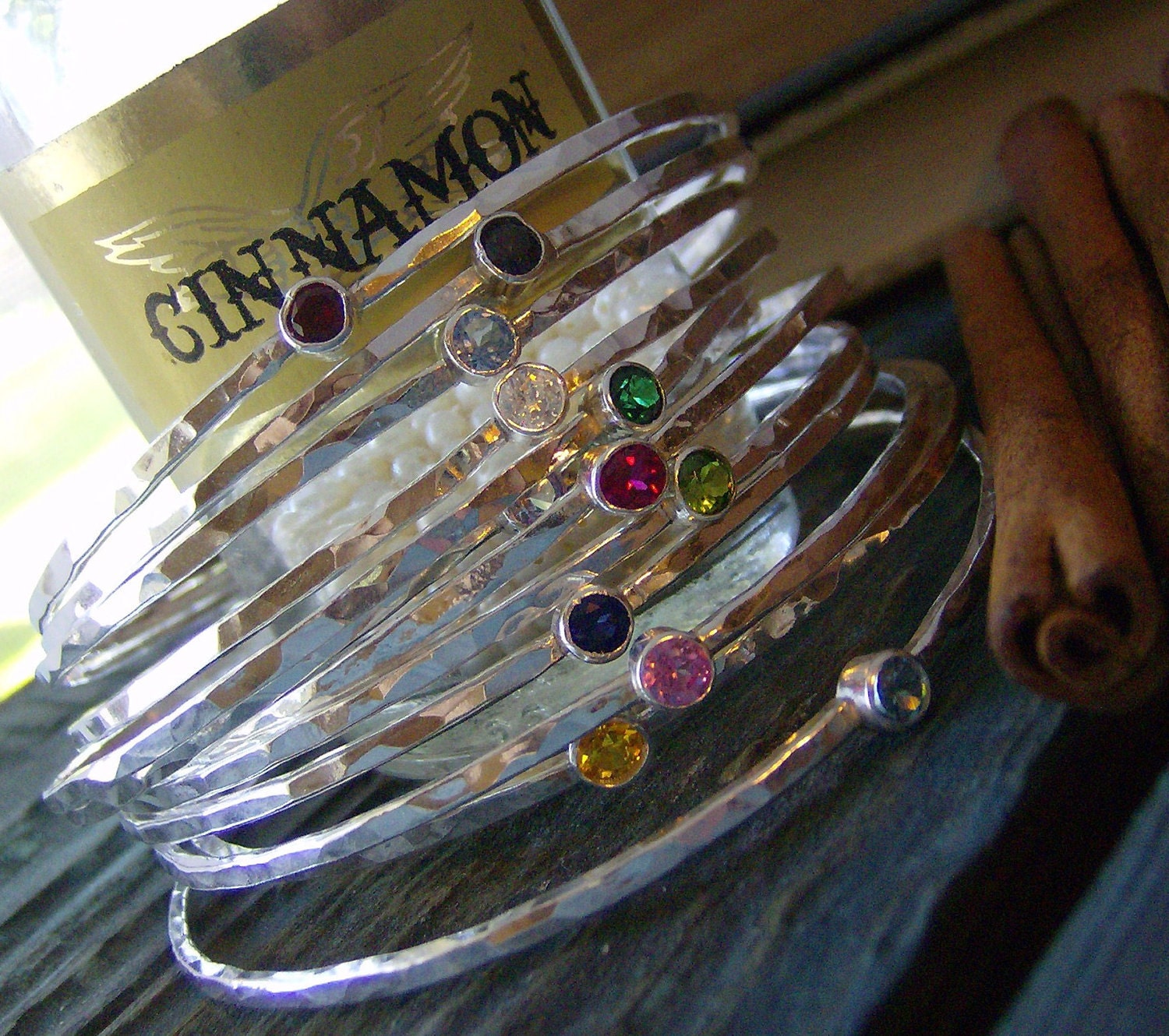 fine silver and gem stone hammered stacking bangles hand stamped