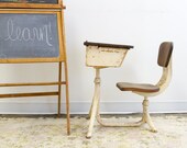 Primitive Industrial Metal School Desk and Chair