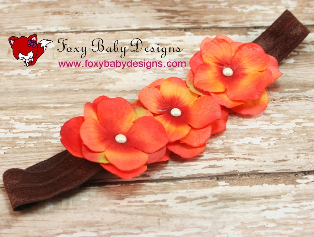 Headband Orange Hydrangea on Brown Elastic