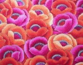 Hot pink and orange peonies cotton fabric 1  yard piece