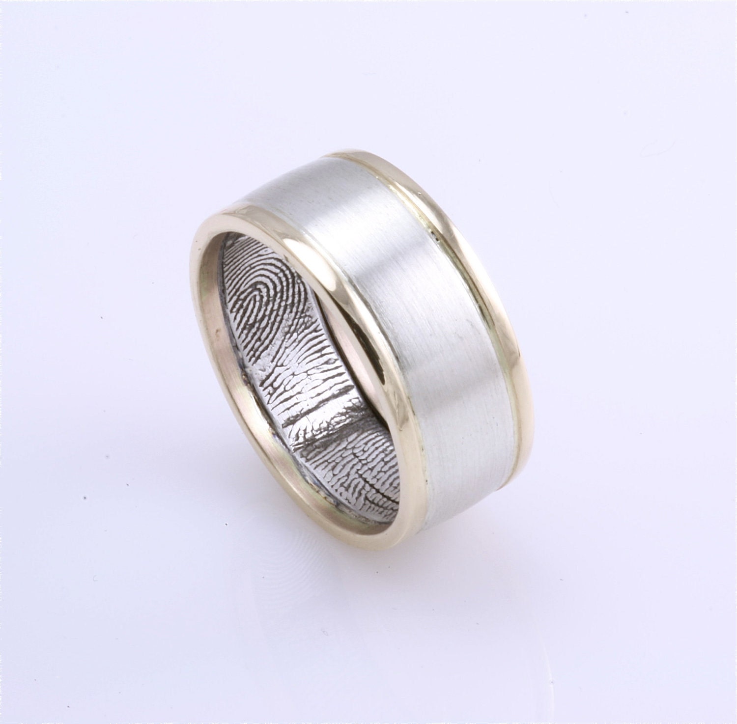 8/9mm Sterling Silver and 10k Yellow Gold Low Profile Wire Sides 9mm wide Custom Fingerprint Wedding Commitment Band in Size 10
