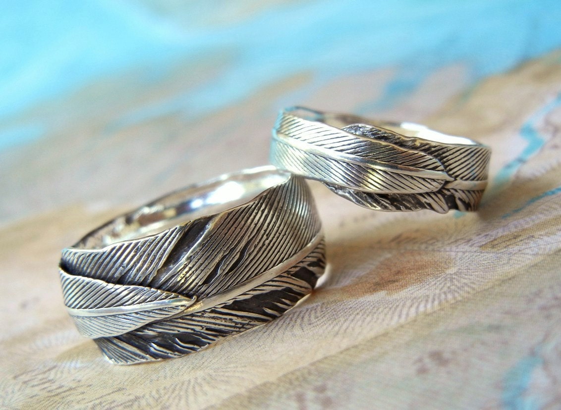 Feather Wedding Rings, Eco Friendly Jewelry, Recycled Silver His and Hers Matching Bands, Custom Size 4 5 6 7 8 9 10 11 12 13 14 15