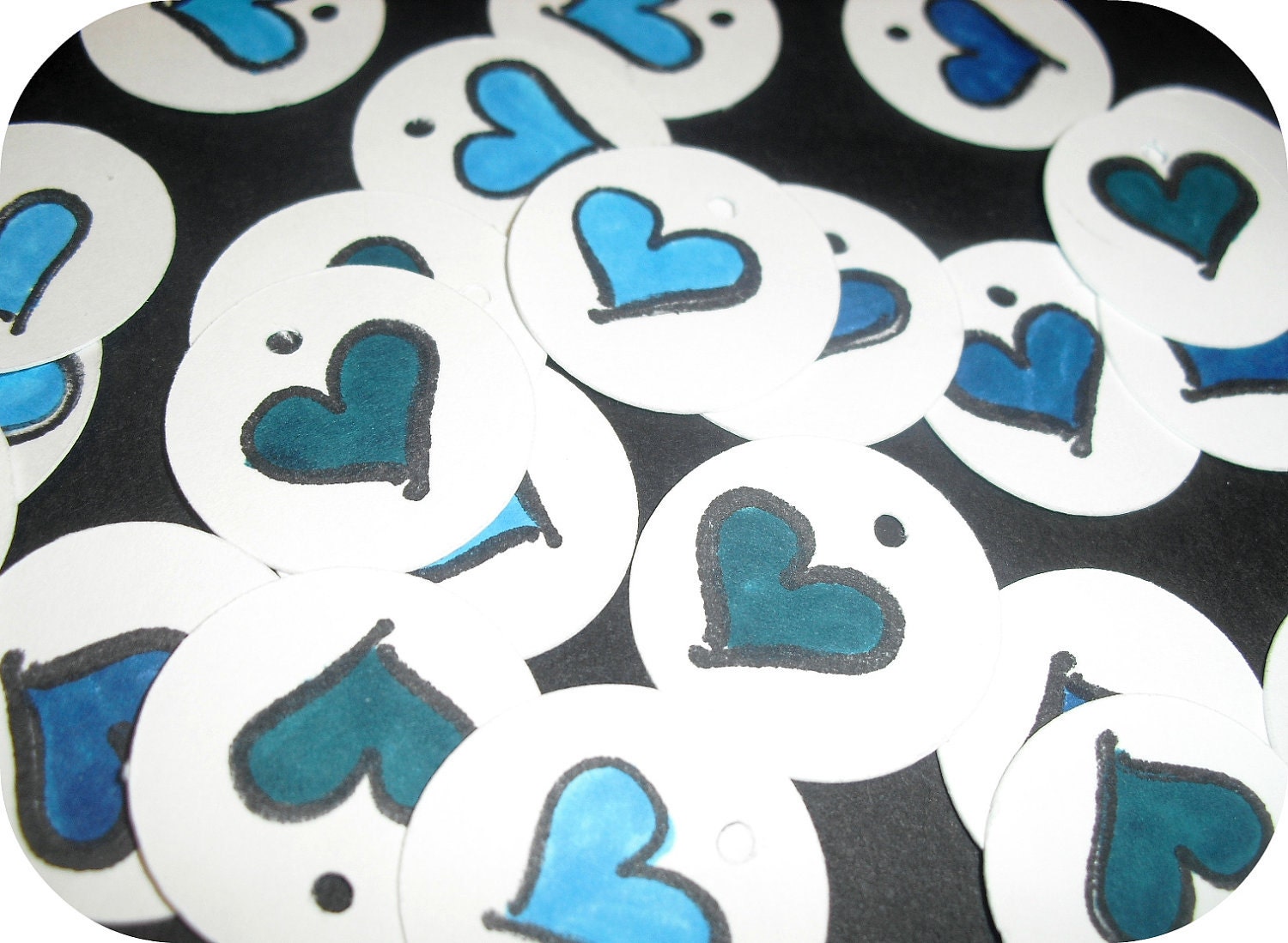 1 inch Circle Penny Tags - 30 Heart Tags -- Hand Stamped and Colored - Scrapbook or Merchandise
