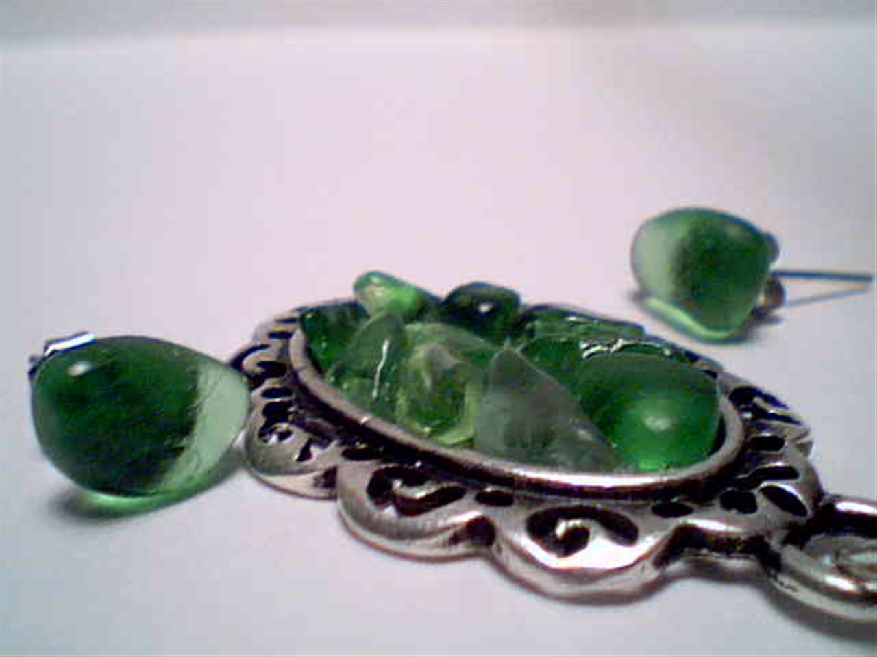 Genuine green beach sea glass jewelry set earrings , pendant handmade necklace