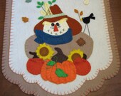 Hand Stitched Primitive Fall Scarecrow. Pumpkins, and Sunflowers Wool-Felt Penny Rug - Table Runner...42"x13"