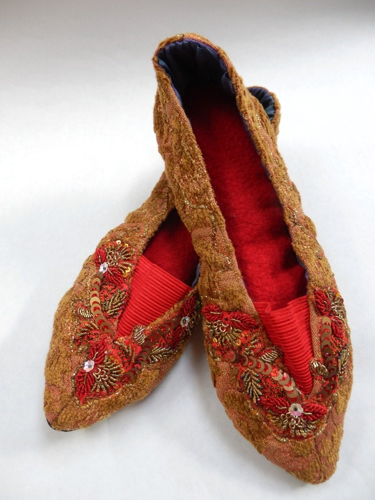 Red Gold Beaded Slippers Size 7